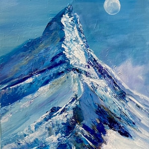 May include: An oil painting depicts a snow-covered mountain range under a pale blue sky with a full moon. The mountain peaks are rendered in shades of blue and white, with visible brushstrokes adding texture. The moon is a bright, round orb.