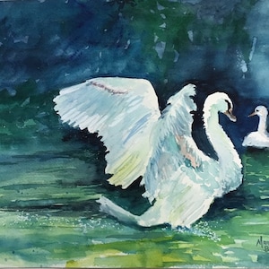 Original watercolor of two white swans painting, swan art, original wildlife, bird wall decor, across the river, pair of swans