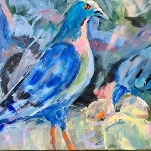 Original blue bird painting on canvas, birds and wildlife art, impressionistic  morning rain bird 12x16
