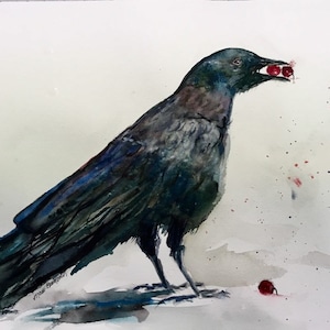 Black crow watercolor, bird painting, raven art, contemporary bird painting