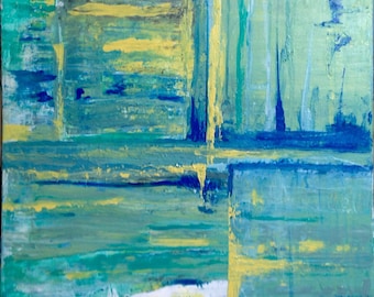 Original Abstract Blues, canvas wall decor, wall painting, greens (16x20)
