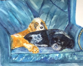 Cocker Spaniel watercolor painting, animal art, contemporary, bonded pair of dogs wall art decor