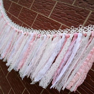 Shabby~Rustic Boho Window Curtain Valance/Lace Garland/Hanging Backdrop/Baby Shower/Birthday Decorative Bunting Banner~White/Pink~