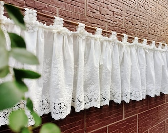 Vintage Lace Kitchen Curtain, Cottagecore Window Valance, French Country White Embroidered Short Curtain, Farmhouse Decor for Cafe/ Bedroom