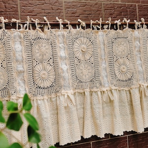 Old Fashion~Shabby Chic Rustic Farmhouse Country Cottage Style Hand Crochet Lace Ruffled  Lace Window Curtain Valance/Cafe Curtain~Beige~