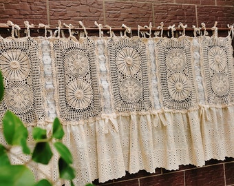 Old Fashion~Shabby Chic Rustic Farmhouse Country Cottage Style Hand Crochet Lace Ruffled  Lace Window Curtain Valance/Cafe Curtain~Beige~