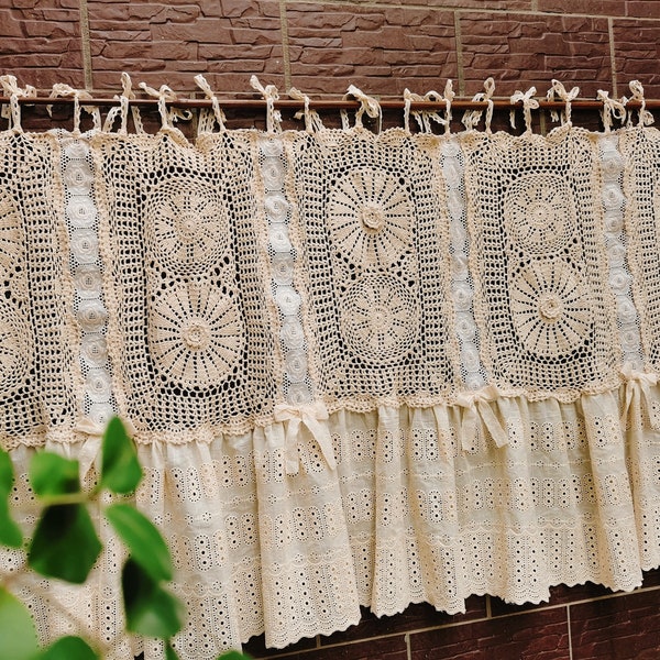 Hand Crochet Lace Curtain: Shabby Chic Ruffled Valance, Beige