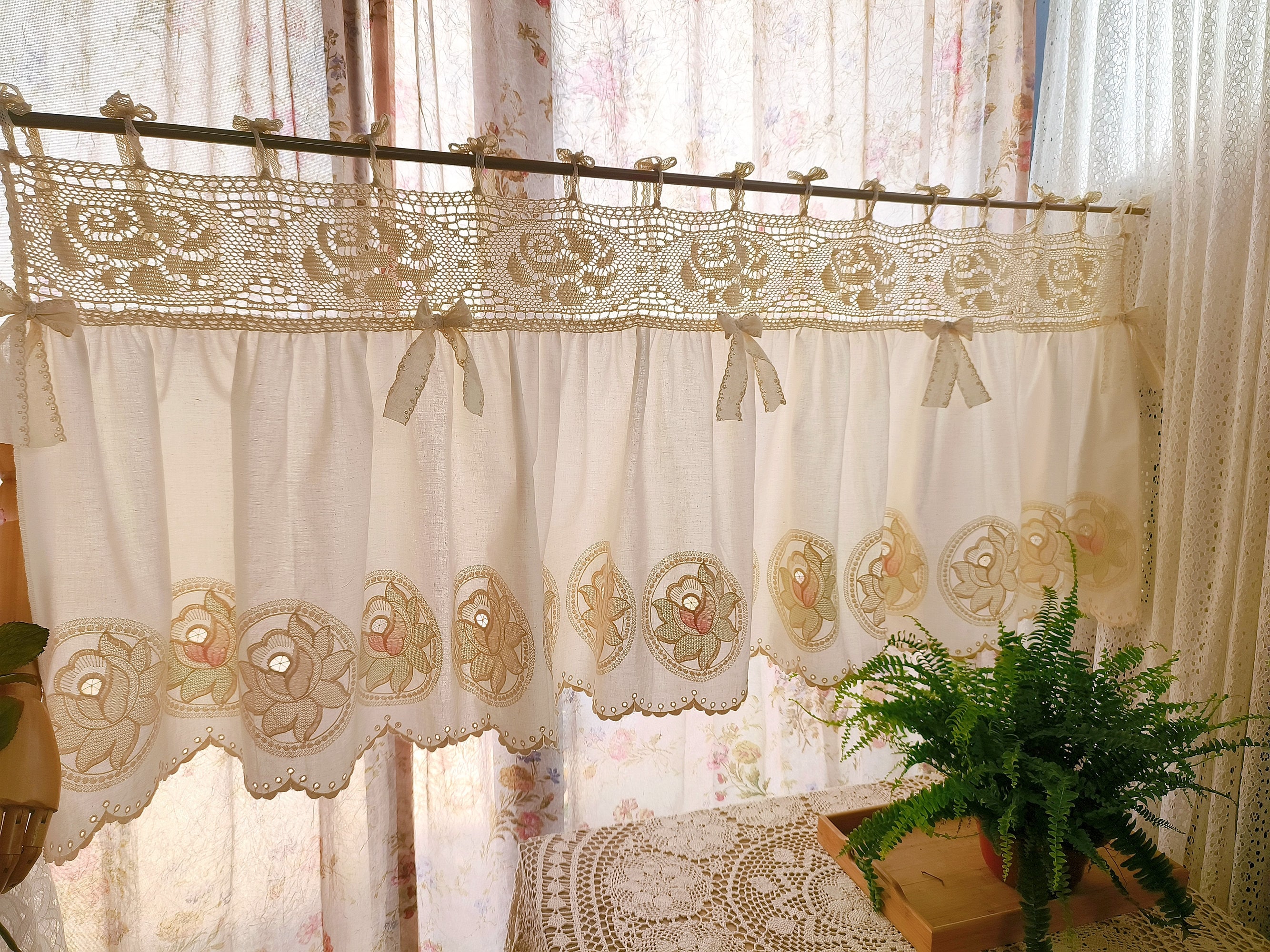 Farmhouse Rose~ Rustic Shabby Chic French Country Style Ruffled Lace Window Curtain Valance Kitchen Curtain Doorway Privacy Curtain~ Beige~