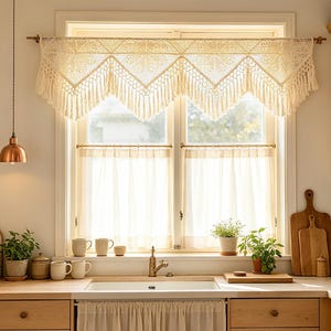 Boho Gypsy Crochet Fringe Valance, Warm Cream Cotton Window Topper, Retro Farmhouse Cottage Rustic Decor for Kitchen, Doorway & Canopy Bed