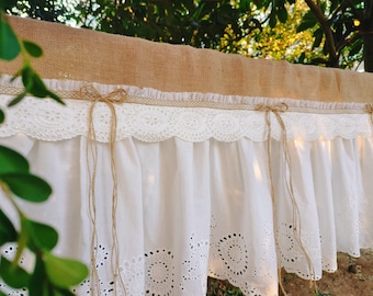 Shabby Chic Burlap Curtain Valance, Ruffled White Lace, Country Cottage Style