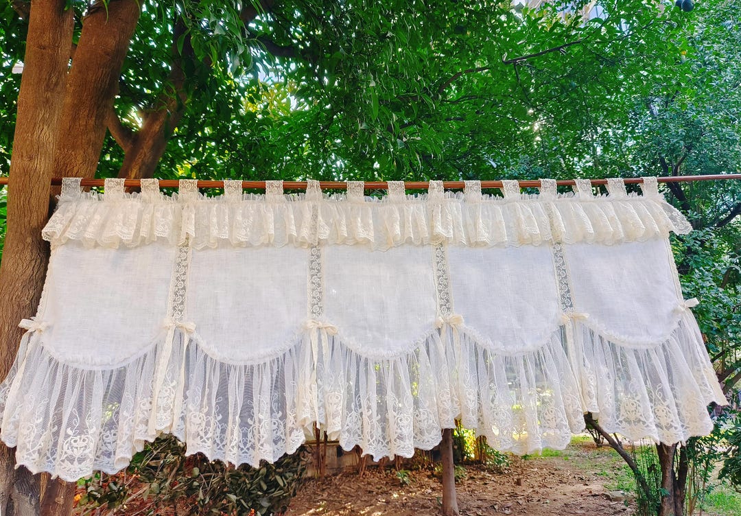 Linen Curtain Valance: Shabby Chic Ruffled Lace Victorian Cottage Linen Curtain Valance: Shabby Chic Ruffled Lace Victorian Cottage