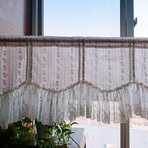 Victorian Window Treatment~ French Country Style Ruffled Lace Window Curtain Valance Cafe Curtain ~ Pink&White~Lady Boudior~Girl's Room~