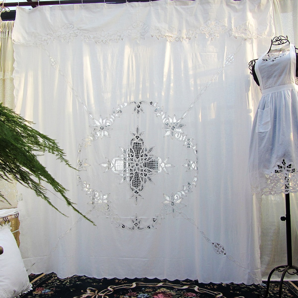 Victorian Battenburg Lace Shower Curtain: White Cotton, Vintage Style - Etsy