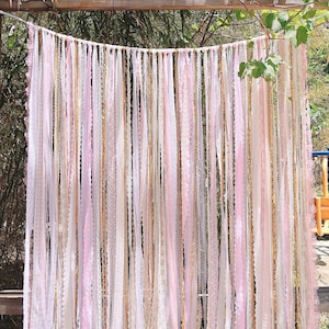 GORGEOUS~BOHO Shabby Window Lace Curtain Bed Decoration Wall Hanging~Wedding/Birthday Party/Baby Shower Hanging Photo Backdrop~Pink/Gold~