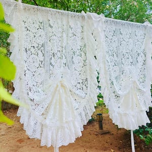 Gorgeous~ Victorian Shabby Chic French Country Style Frilled Lace Curtain Tie up Curtain Roman Balloon Shade Lace Curtain Panel~ White~
