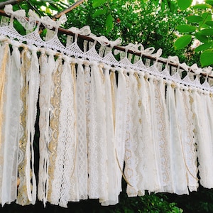 Gorgeous~Tie Top Shabby Chic Window Curtain Valance/Lace Garland/Wedding Hanging Backdrop/Baby Shower Birthday Lace Bunting~  White/Gold~