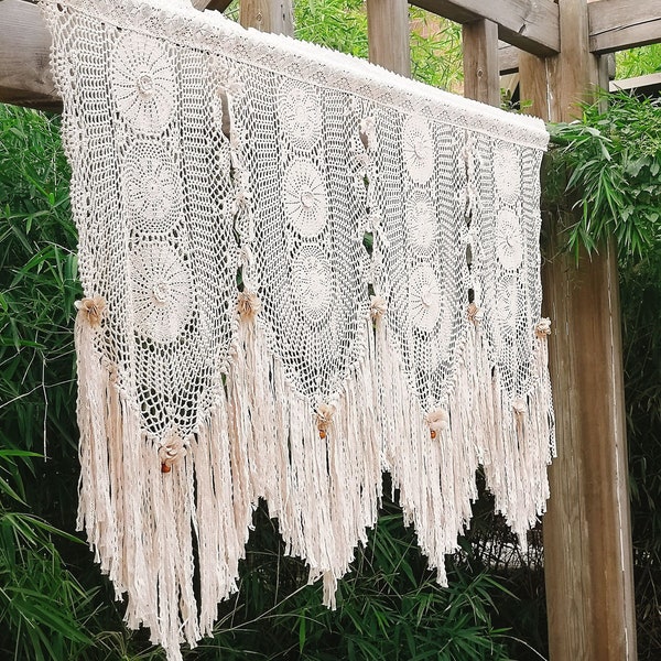 Cayana's Custom Order~SHABBY Curtain~BOHO Country Cottage Rustic Farmhouse Vintage Hand Crochet Lace Fringed Curtain~Beige~