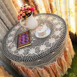 HANDMADE Shabby Chic Hand Crochet Lace Long Fringe Round Tablecloth, Earth Tones /Peach/Sage, Boho Cottage Core Farmhouse Decor image 3