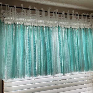 UNIQUE~BOHO Shabby Chic Curtain~Tatting Lace Fringed Window Valance/Wall Hanging/Birthday Party Baby Shower Backdrop~White&Tiffany Colors~~