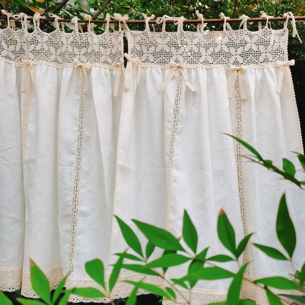 Old Time~ Shabby Chic Victorian Cottage French Country Style Ruffled Linen Window Curtain Kitchen Curtain Tier Door Curtain~ Ivory & Beige~