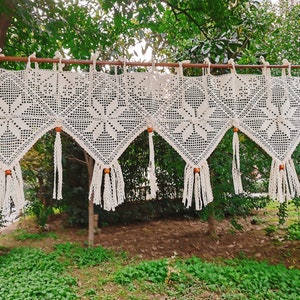 Old Time~BOHO SHABBY Chic French Country Style Modern Farmhouse Cottage Rustic Cotton Crochet Lace Beads Window Curtain Valance~Beige~