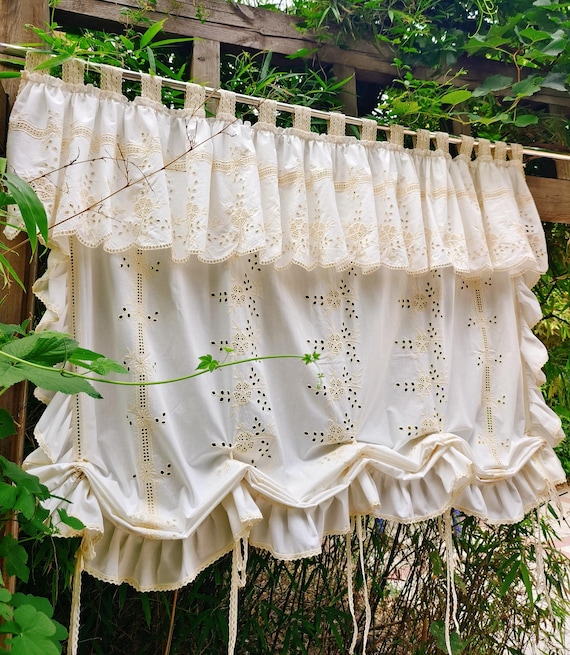 Rideau Vintage Fait Main En Dentelle Blanc Cassé - Style Shabby Chic, Largeur <100 Cm