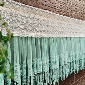 Old Time ~ Rustikaler Shabby Chic Bauernhaus Landhaus-Stil mit gekräuselter Quaste Spitze Fenster / Tür Volant / Café Vorhang ~ Vintage Green ~ 20 &quot;hoch