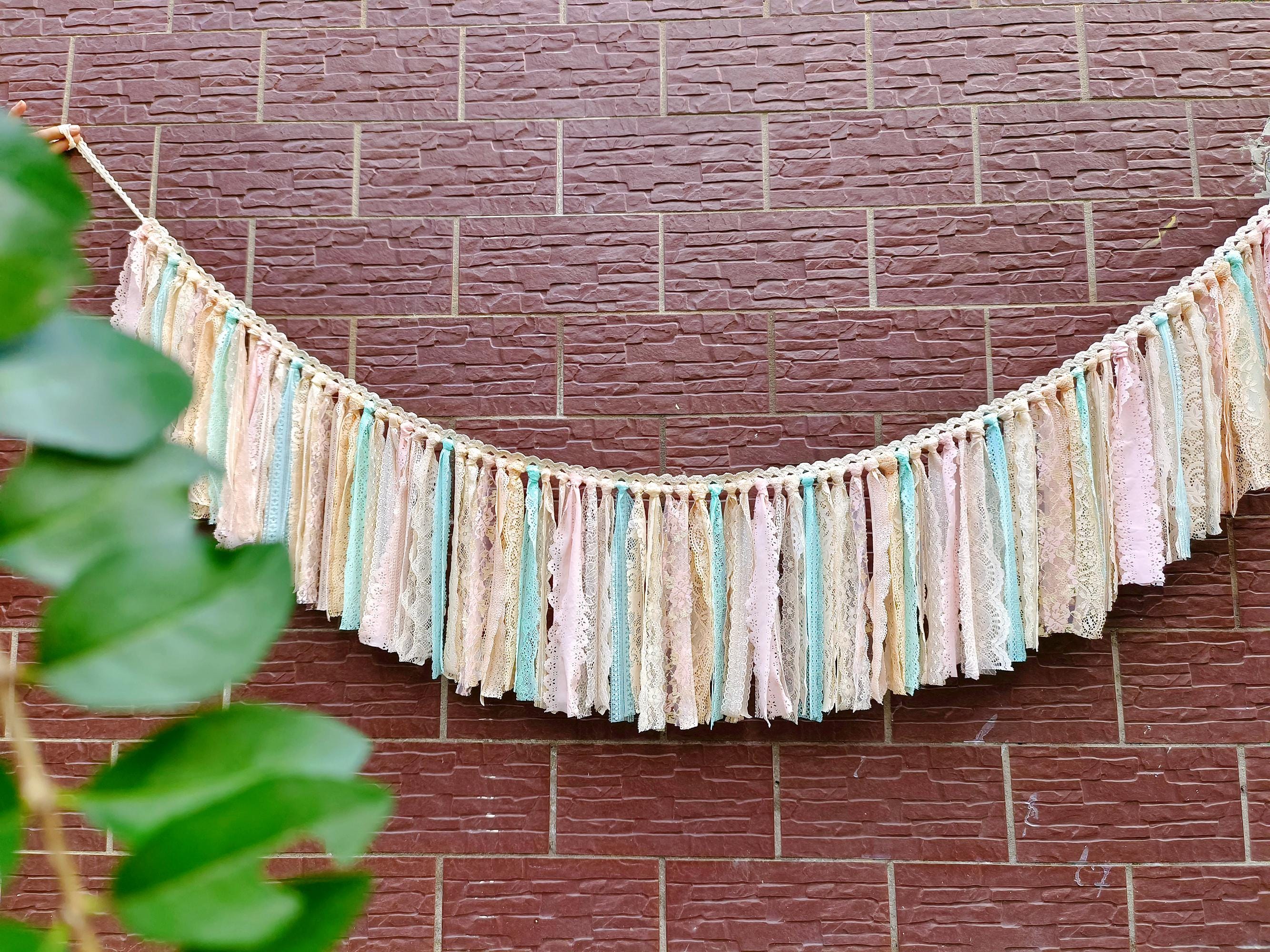 Shabby Chic Rustic Tie Lace Colorful Garland/Farmhouse Cottage Wedding Hanging Backdrop/Baby Shower/Birthday Lace Bunting~ Peach/Pink/Green~