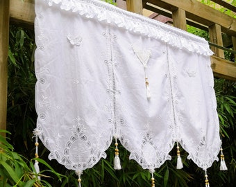 Victorian Elegance~Gorgeous BOHO Rustic French Country Style Vintage Battenburg Lace Fringed Tasseled Window Curtain Wedding Backdrop~White~
