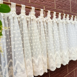 UNIQUE~ Victorian Cottage French Country Style Shabby Chic Tab Top Ruffled Lace Curtain Valance Kitchen Curtain Cafe Curtain~ Off White~