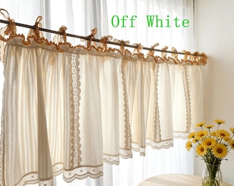 Unique Victorian Cottage Window Valance, Ruffled Lace Cotton Cafe Curtain, Patchwork White&Off White Farmhouse Kitchen Decor