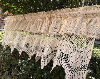 Rural Charm~Shabby Chic Country Cottage Modern Farmhouse Rustic Vintage Hand Crochet Ruffled Lace Window Curtain Valance Cafe Curtain~Beige~