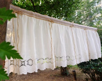 Shabby Chic Burlap Curtain Valance, French Country White Lace Ruffled Window Treatment