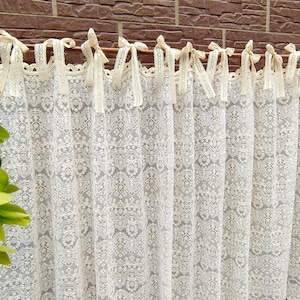 Old Time~ Rustic Shabby Chic French Country Style Tie Top Vintage Lace Window Curtain Kitchen Curtain Doorway Curtain Cafe Curtain~ Beige~