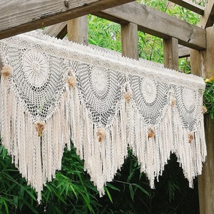 Custom~SHABBY Curtain~BOHO Country Cottage Rustic Farmhouse Vintage Hand Crochet Lace Fringed Curtain Valance/Wall Hanging/Backdrop~Beige~