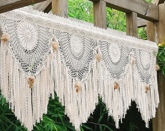 Custom~SHABBY Curtain~BOHO Country Cottage Rustic Farmhouse Vintage Hand Crochet Lace Fringed Curtain Valance/Wall Hanging/Backdrop~Beige~