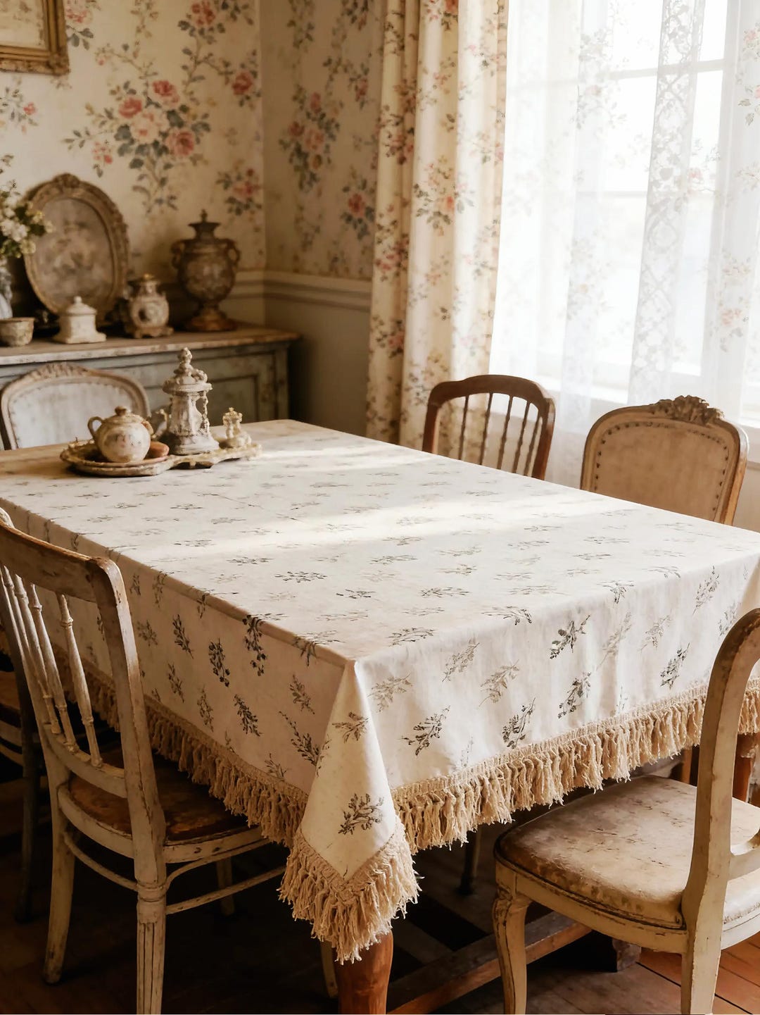 Shabby Chic French Country Farmhouse Floral Tablecloth, Cotton Linen ...