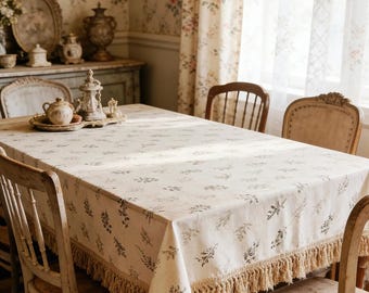 Shabby Chic French Country Farmhouse Floral Tablecloth, Cotton Linen Fringe, Round & Square, Cottage Core