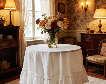 Victorian French Country Cottage Core Elegant Round Tablecloth,White Jacquard Cotton with Ruffles / Home Decor