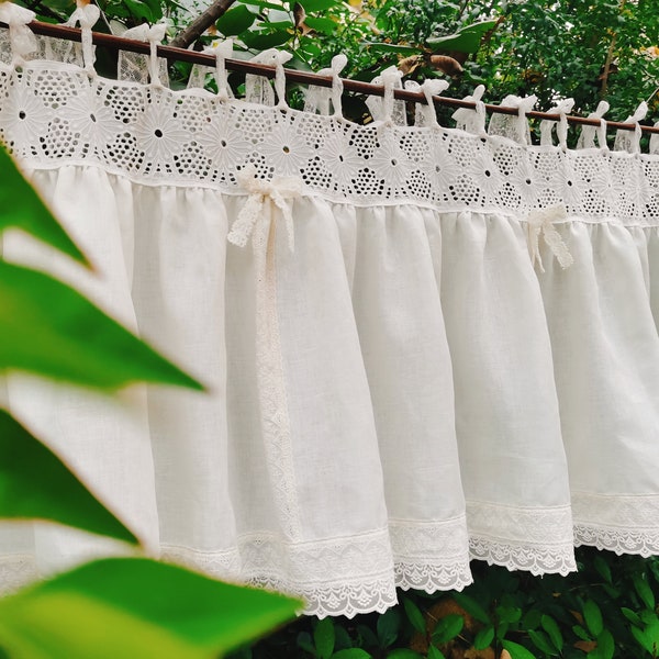 Victorian Elegant Curtain Valance~ Shabby Chic French Country Style Ruffled Linen Window Curtain Kitchen Curtain Cafe Curtain~ Ivory White~