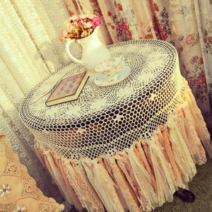 HANDMADE Shabby Chic Hand Crochet Lace Long Fringe Round Tablecloth, Earth Tones /Peach/Sage, Boho Cottage Core Farmhouse Decor image 6