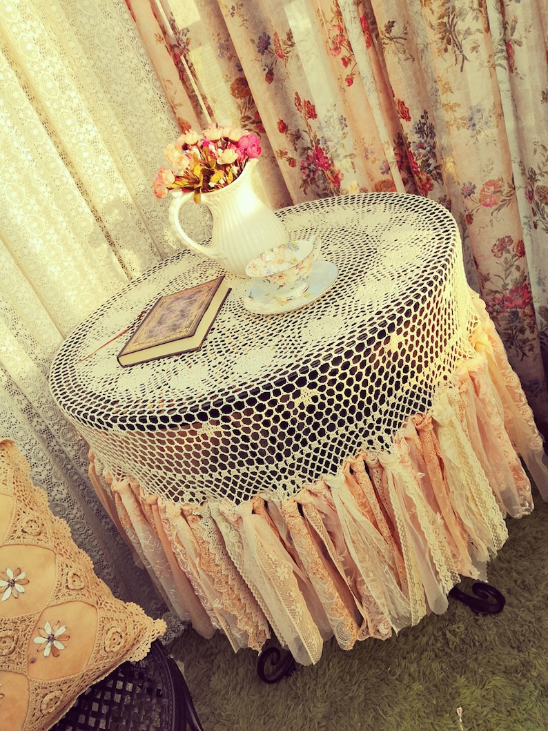 HANDMADE Shabby Chic Hand Crochet Lace Long Fringe Round Tablecloth, Earth Tones /Peach/Sage, Boho Cottage Core Farmhouse Decor image 6