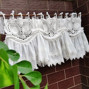 Victorian Elegance~Vintage Style French Countryside Tie Up Ruffled Balloon Shade Crochet Lace Window Curtain Valance~White~Cotton~