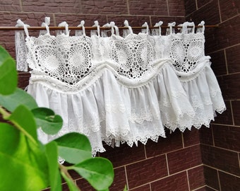 Victorian Elegance~Vintage Style French Countryside Tie Up Ruffled Balloon Shade Crochet Lace Window Curtain Valance~White~Cotton~