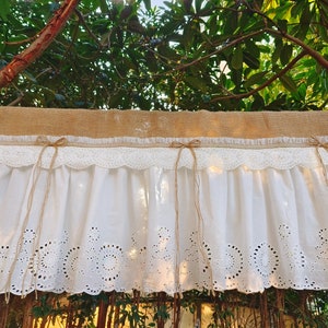 Old Time~ SHABBY Chic Rústico Francês Estilo Country Cortina de Janela Vitoriana Cottage Babados Renda Branca Cortina de Estopa Natural Valance~
