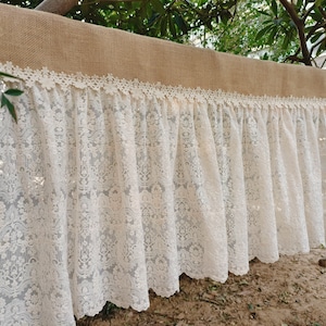 Old Time ~ Rideau de fenêtre rustique SHABBY Chic de style campagnard Français cantonnière de rideau de jute naturel en dentelle de tulle beige à volants ~