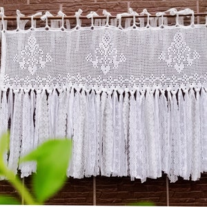 Gorgeous BOHO Curtain~Victorian SHABBY Chic Vintage Crochet Lace Long Fringe Curtain Valance/Privacy Curtain/Hanging Backdrop~White~Romantic