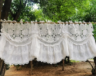 Handmade Victorian Vintage Crochet Lace White Curtain Valance, French Country Tie-Up Shade