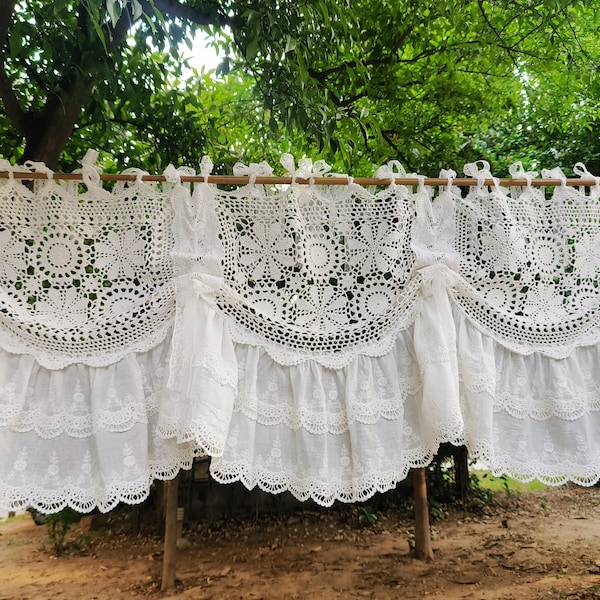 Cortina de renda branca artesanal estilo vitoriano vintage, com amarração, estilo francês campestre shabby chic.