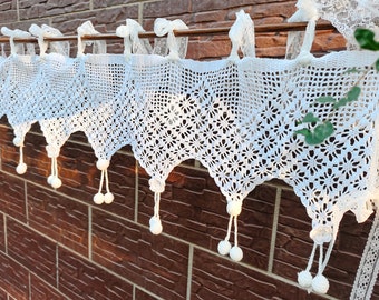 Élégance victorienne ~ Romantique Dentelle Blanche Valance vintage Dentelle Crochet à la Main Fenêtre Rideau Valance Café Rideau avec Petites Fleurs & Glands ~